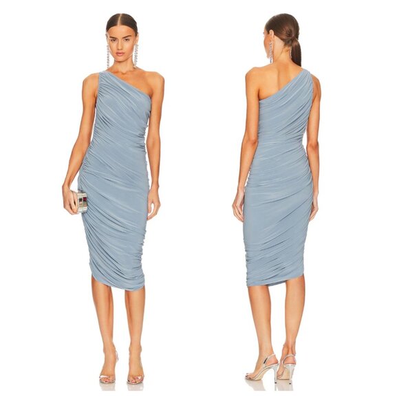 Norma Kamali Diana One Shoulder Ruched Dress Dusty Blue XS - Picture 1 of 8